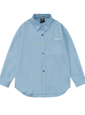 日系竖条纹衬衫男内搭叠穿浅蓝色情侣长袖衬衣女秋季宽松防晒外套