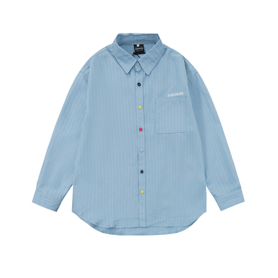 日系竖条纹衬衫男内搭叠穿浅蓝色