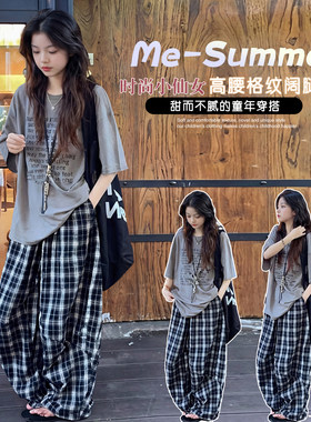 女童夏季韩系套装2026新款儿童慵懒风宽松短袖t恤高腰格子裤2件套