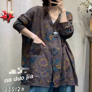 2025秋季韩版大码宽松棉线针织衫女士复古印花中长款开衫外套上衣