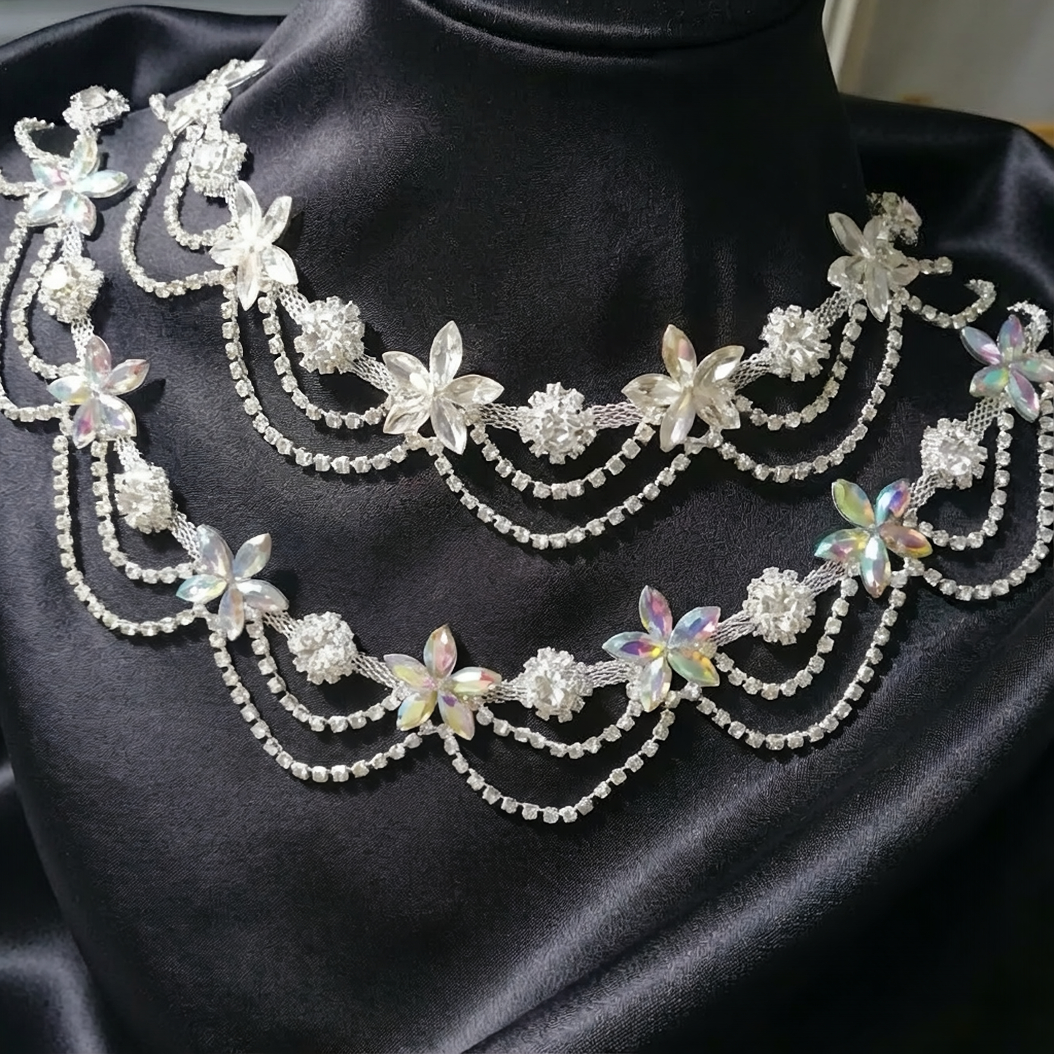 五瓣花水钻波浪流苏链条配件DIY手缝舞蹈服装婚纱鞋帽头饰品辅料
