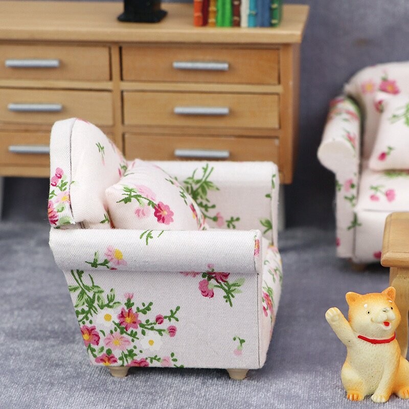1:12娃娃屋dollhouse迷你家具粉绿花簇碎花沙发套带靠枕