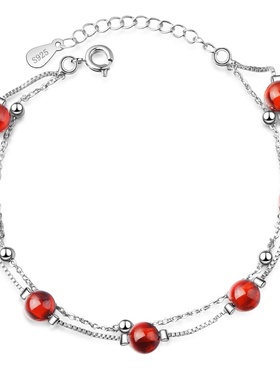 手链女韩版小清新双层石榴石手链气质红色水晶手饰手链