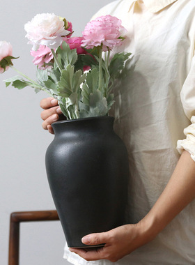 景德镇大口径陶瓷花瓶复古黑色陶罐家居民宿装饰摆件干花花器