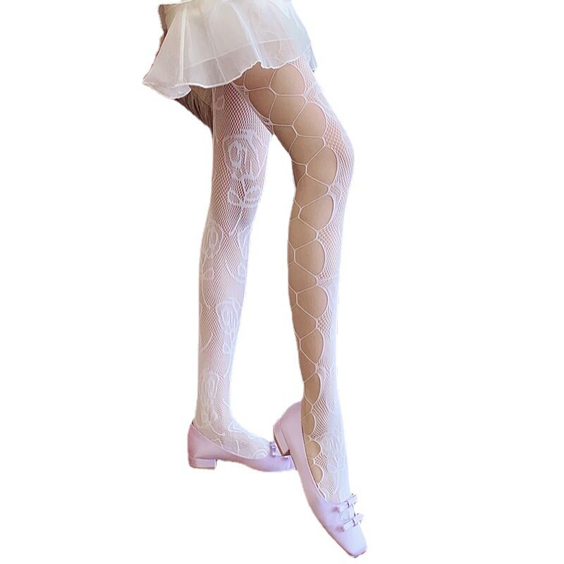 森娜彩色侧边交叉玫瑰渔网袜花藤女性感街头蕾丝镂空打底连裤袜