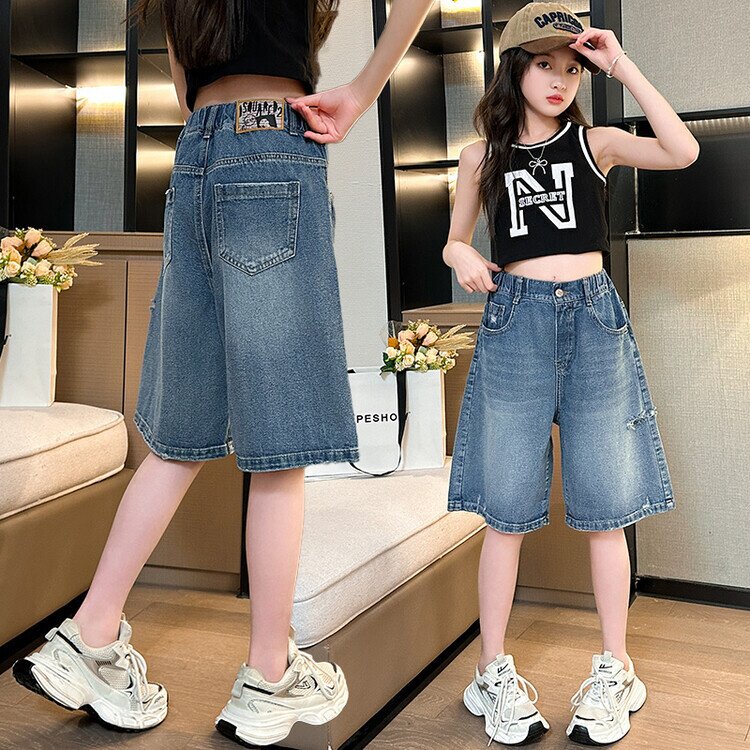 女童牛仔中裤夏季洋气破洞短裤宽松五分裤中大童装女孩裤子潮