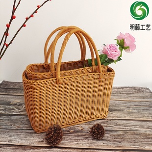 藤编手提篮购物篮野餐篮水果蔬菜篮编织实心仿藤篮大中小号采摘篮