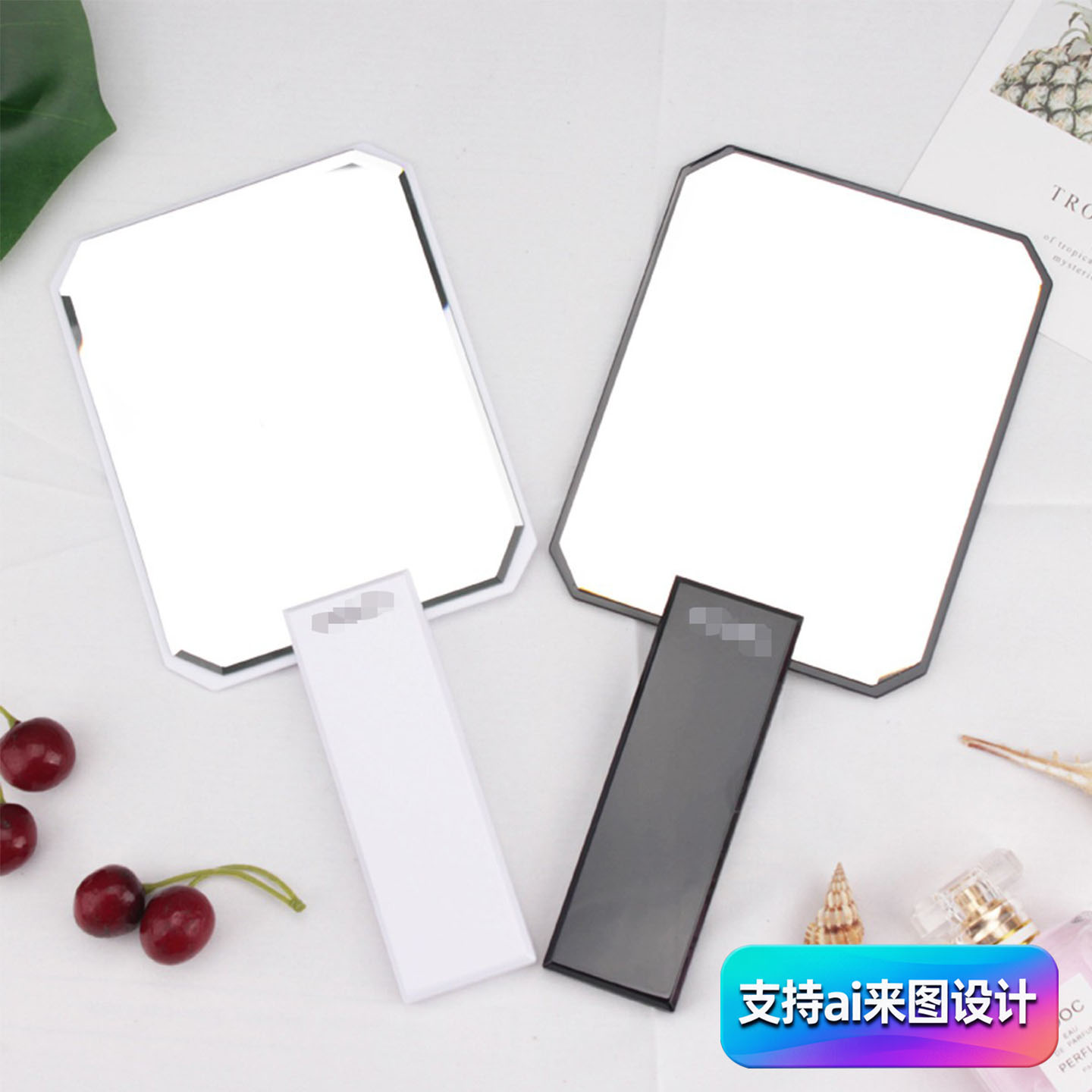 手拿美容纹绣logo美容镜子手柄镜定制化妆镜美容院拍照随身镜便携