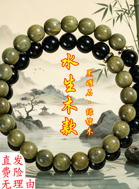 女士天然黑曜石绿檀木手串五行缺补木水双圈叠戴新中式手链款饰品