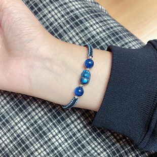 天然黑体强蓝光月光拉长石收藏级蓝晶石编绳手链男女送男朋友礼物