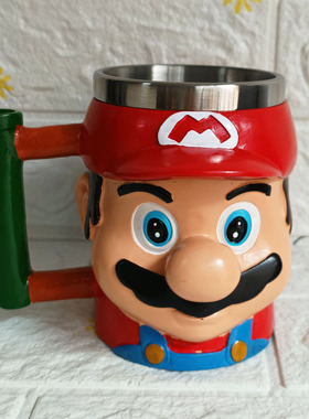 卡通红色人脸树脂不锈钢双层水杯 卡通彩绘咖啡杯水管杯