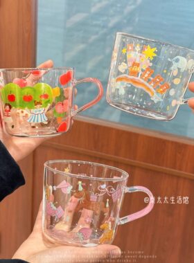 ins风高硼硅玻璃杯卡通水杯100℃耐热单层圆柱形杯子礼盒装早餐杯
