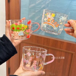 ins风高硼硅玻璃杯卡通水杯100℃耐热单层圆柱形杯子礼盒装早餐杯