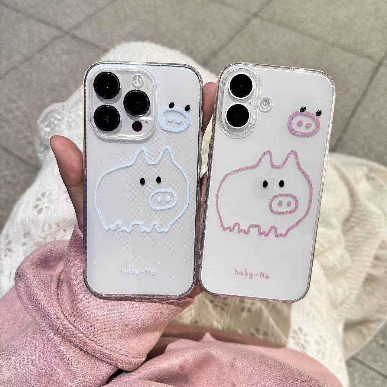 情侣线条小猪适用苹果17/16promax高透透明手机壳iPhone15/14/13pro小众创意vivo华为P70小米17oppo卡通新款