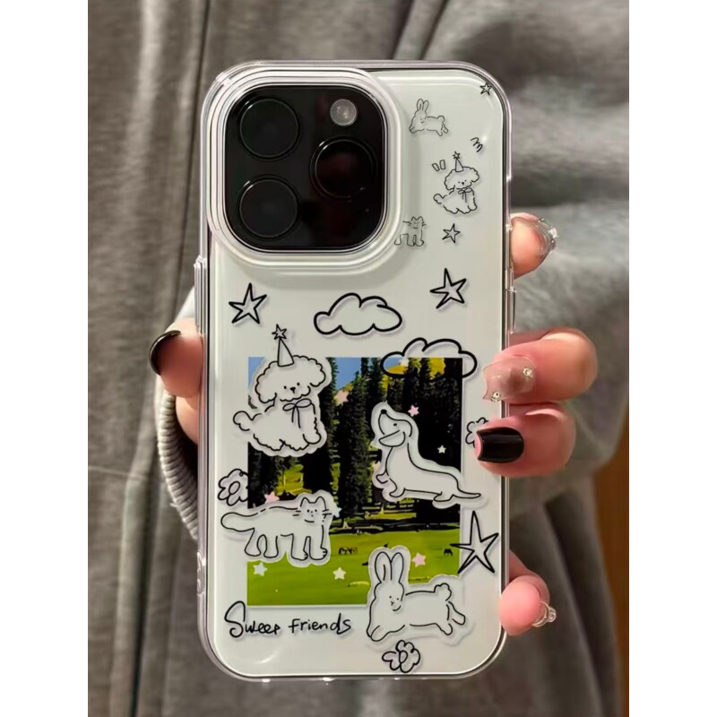 草地线条小狗适用苹果17promax手机壳iPhone16pro小众创意15/14/13pro双层保护vivo华为P70小米17oppo女款套