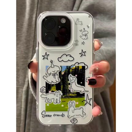 草地线条小狗适用苹果17promax手机壳iPhone16pro小众创意15/14/13pro双层保护vivo华为P70小米17oppo女款套