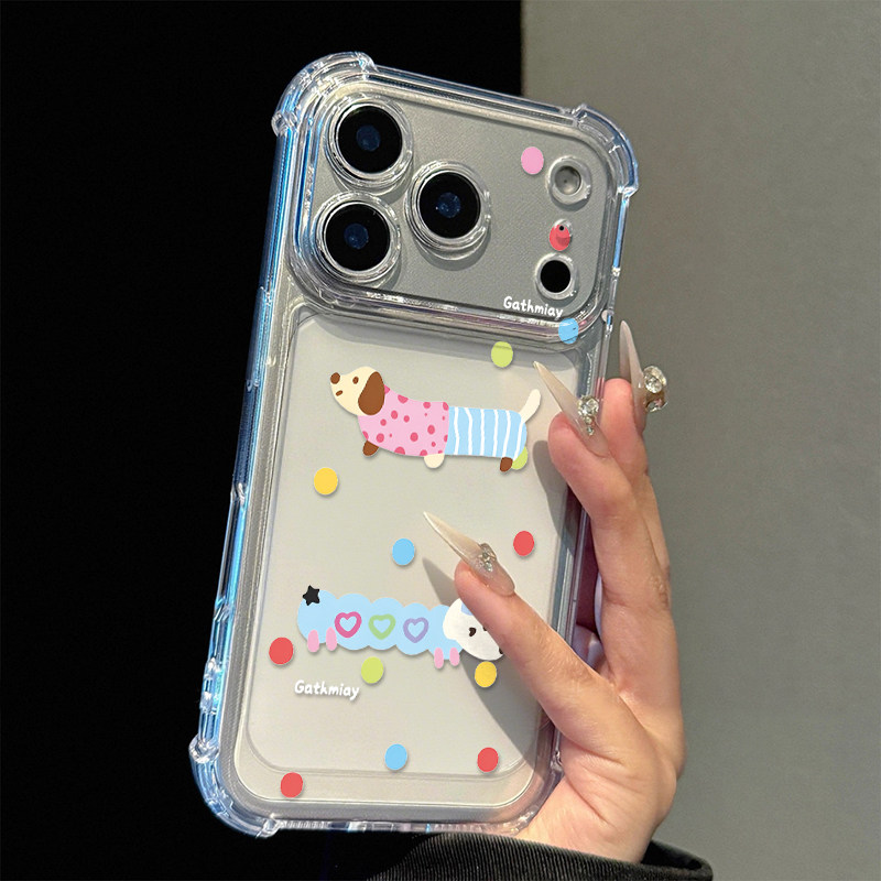 波点彩色腊肠狗适用苹果17promax四角防摔气囊手机壳iPhone16/15/14/13pro全包透明vivo华为P70小米17oppo潮