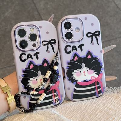 卡通黑猫挂链适用苹果17promax/16promax精孔手机壳iPhone14/13/12/11全包防摔vivo华为p70小米15oppoAIR新款