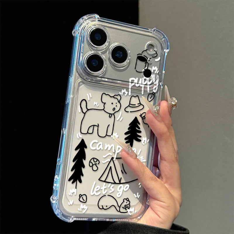 露营小狗树林适用苹果17promax四角防摔气囊手机壳iPhone16/15/14/13pro全包透明vivo华为P70小米17oppo新款
