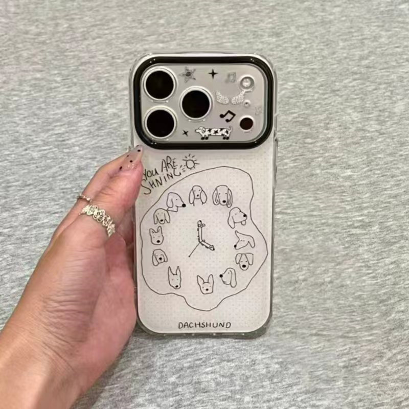 手绘闹钟小狗适用苹果17/16promax太空手机壳透明iPhone15/14/13pro可爱卡通vivo华为P70小米17oppo卡通新款