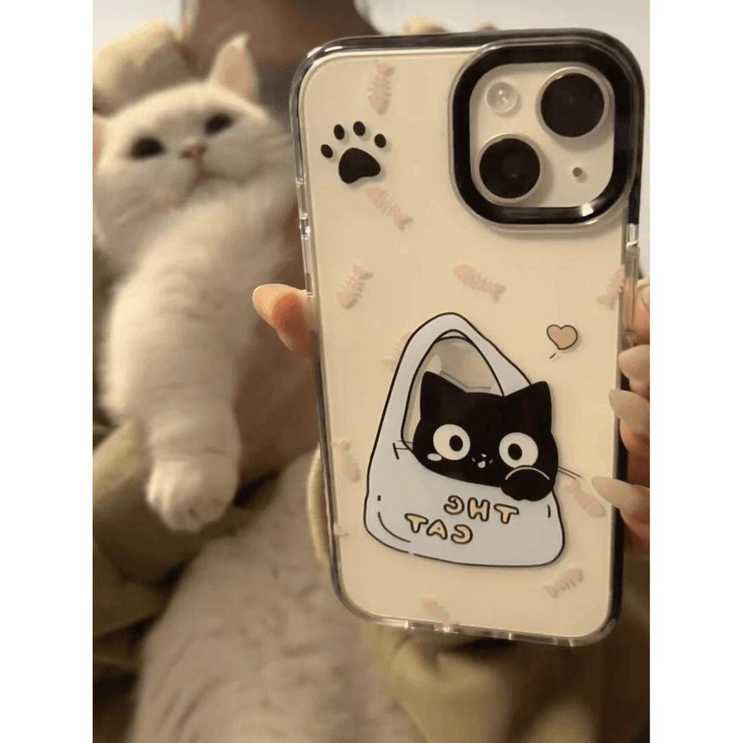 购物袋呆萌黑猫适用苹果17promax太空手机壳iPhone16/15/13全包透明14AIR华为P70vivo小米15oppo11防摔软壳潮