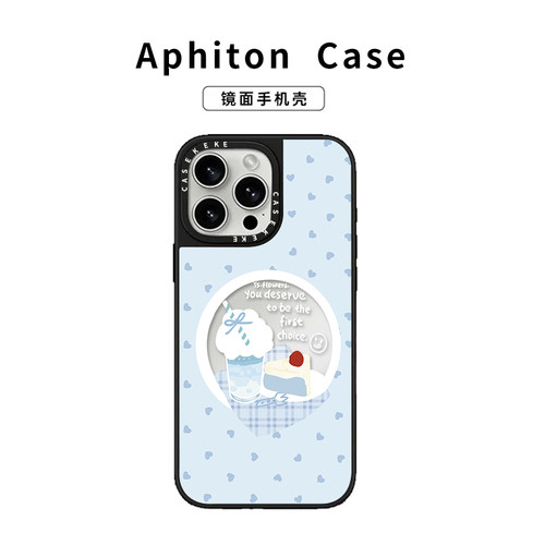 蓝色爱心甜品适用于苹果17promax镜面手机壳iPhone16/15/14pro个性创意16plus小众防摔14/13/12/11女款保护套