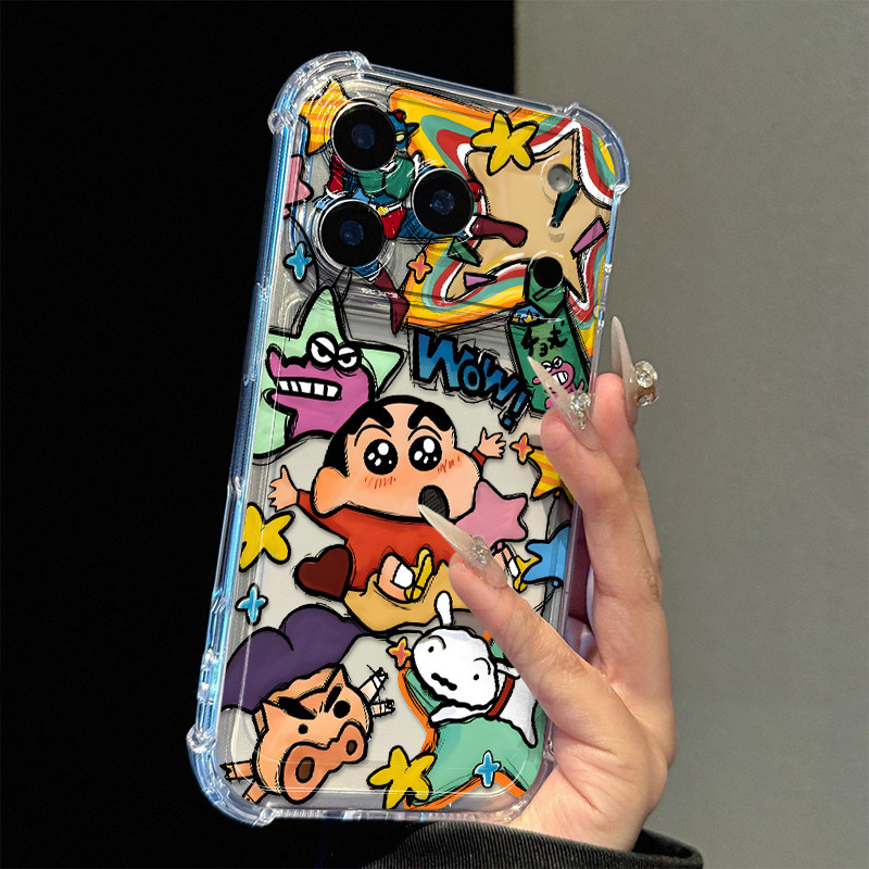 涂鸦蜡笔小新适用苹果17promax四角防摔气囊手机壳iPhone16/15/14/13pro全包透明vivo华为P70小米17oppo软套