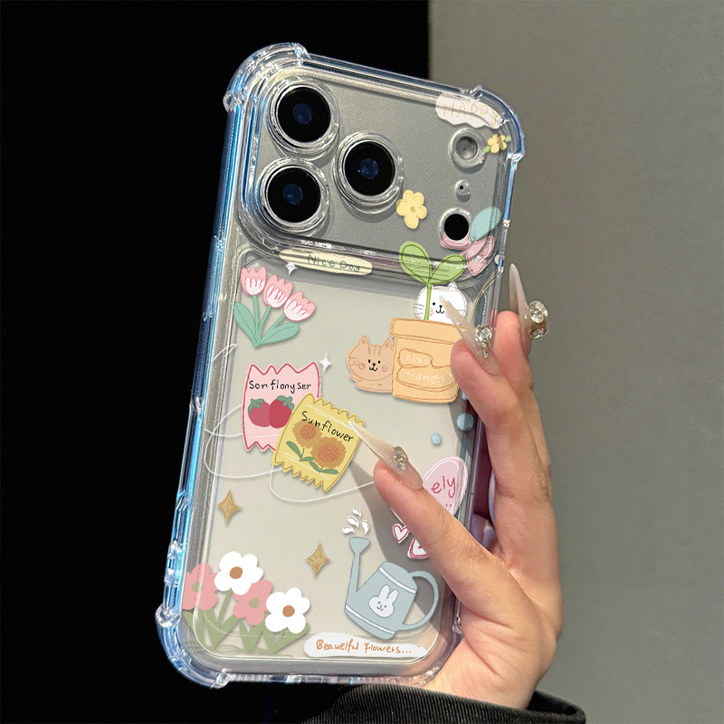 花盆猫咪适用苹果17promax四角防摔气囊手机壳iPhone16/15/14/13pro全包透明vivo华为P70小米17oppo个性女款