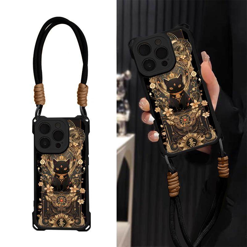 招财小黑猫四角挂绳壳适用苹果16promax/15promax/16pro/15防摔13手机壳华为mate60/p60vivo小米14oppo保护套