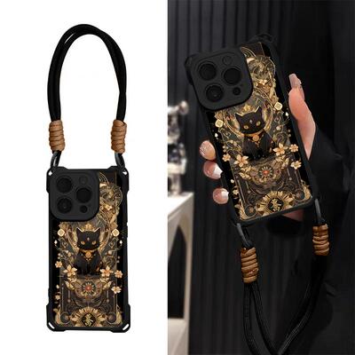 招财小黑猫四角挂绳壳适用苹果16promax/15promax/16pro/15防摔13手机壳华为mate60/p60vivo小米14oppo保护套