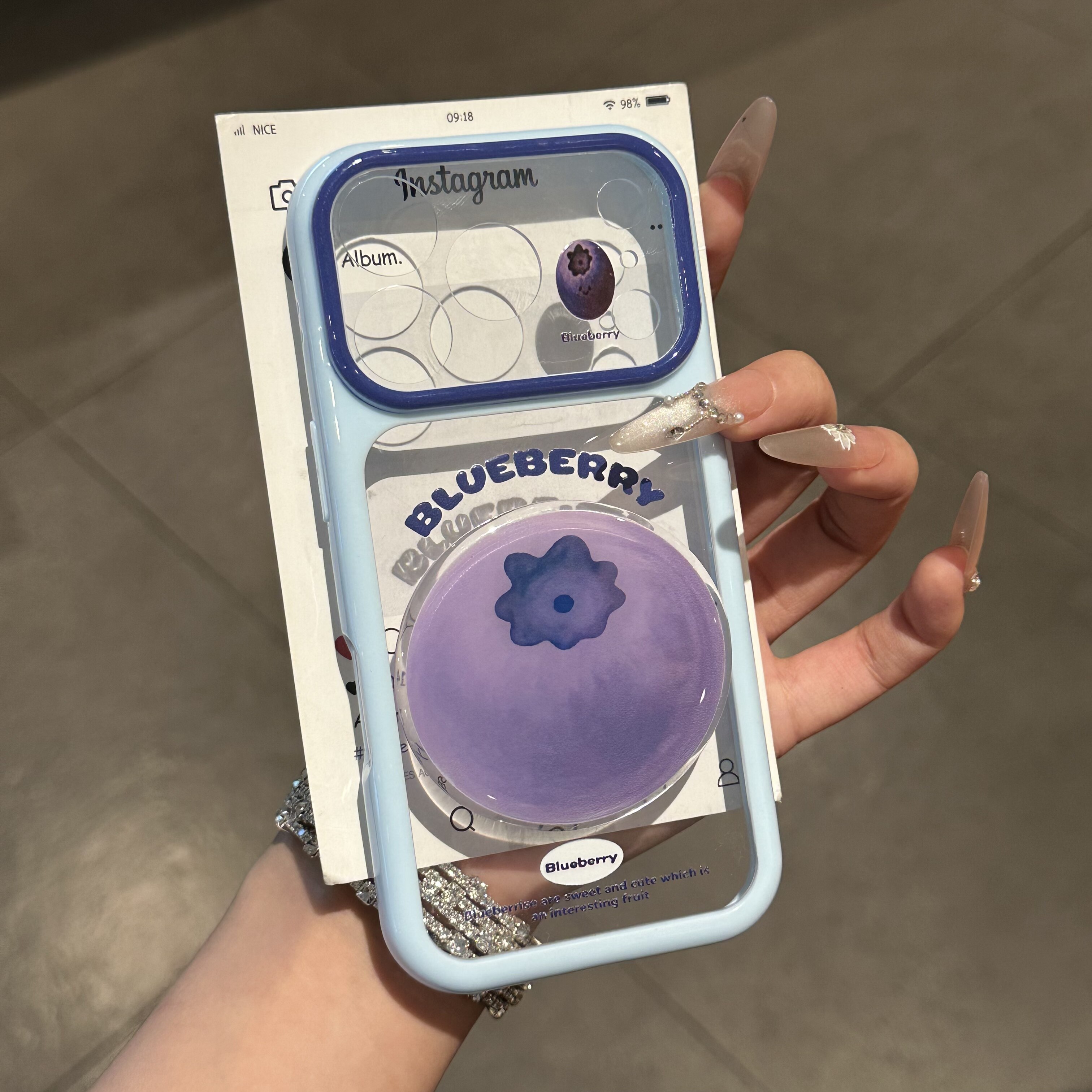 夏日蓝莓贴件适用苹果17promax撞色大视窗手机壳适用iPhone16pro/15plus闺蜜款14promax/13透明12/11保护套
