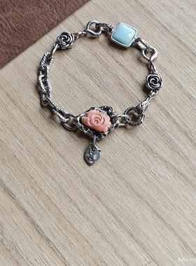 原创设计925银饰镶嵌原矿高瓷绿松石女王贝手链一物一图