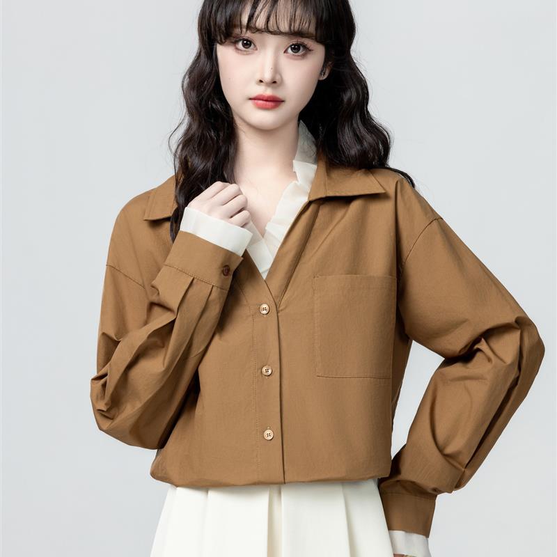 焦糖色覆古长袖衬衫女春秋2025早秋季新款假两件拼接V领衬衣上衣