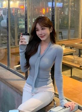 小众设计蓝色V领内搭长袖针织衫女秋冬气质收腰修身显瘦百搭上衣