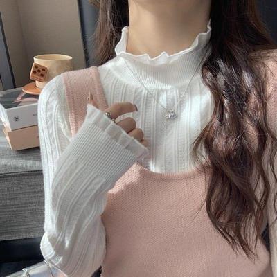 纯色打底衫女秋冬高级感可外穿蕾丝木耳边内搭针织上衣半高领毛衣
