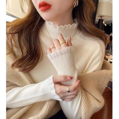 蕾丝打底衫女秋冬季2025新款加绒加厚半高领毛衣修身木耳领针织衫