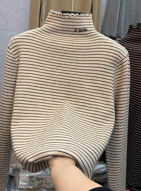 德绒半高领条纹长袖内搭T恤打底衫女2025秋冬新款木耳边学生上衣