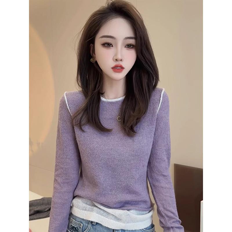 秋冬撞色圆领假两件针织衫女2025新款时尚洋气内搭打底衫洋气上衣