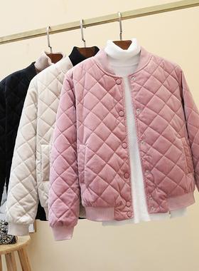 2025冬季新款韩版女短款原宿小棉服菱格金丝绒加厚棒球服棉衣外套