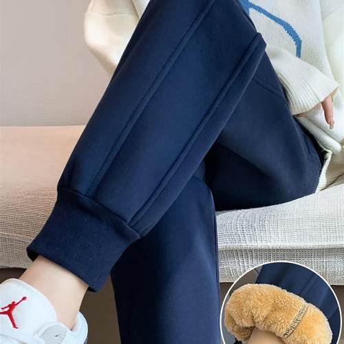 加绒运动裤女秋冬季卫裤2025新款束脚仿羊羔绒小个子休闲哈伦裤子