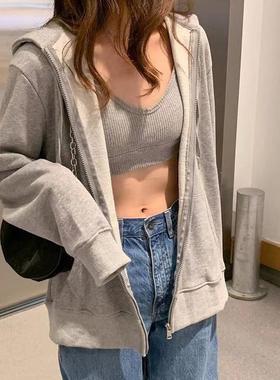 时尚休闲小宽松拉链开衫薄款卫衣外套2025秋季新款百搭长袖灰色女