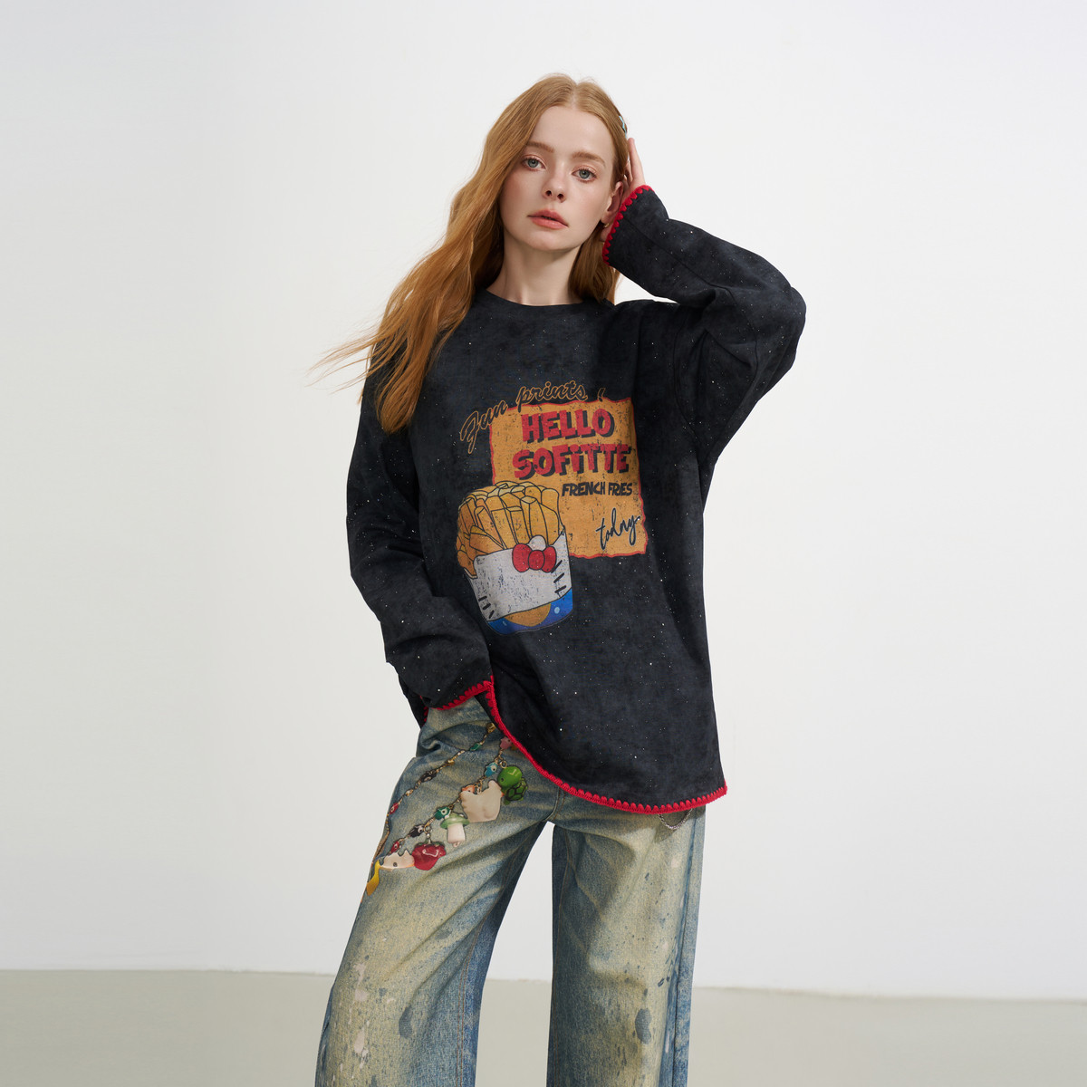 【汪苏泷 张籽沐 王楠同款】SOFITTE 25AW做旧薯条长袖T恤厚款,女装/女士精品,T恤,淘宝优惠券,粉丝福利购,淘宝优惠卷