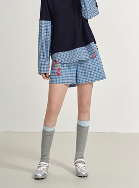 SOFITTE 25AW蓝色格纹短裤女3D立体链条印花高腰宽松显瘦潮酷热裤