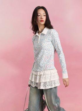 SOFITTE 25SS简约蓝色豹纹假两件上衣时尚Polo领针织印花T恤女