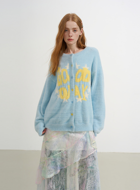 【邓佳鑫 翟一莹同款】SOFITTE 25AW蓝色仿貂毛趣味提花圆领开衫