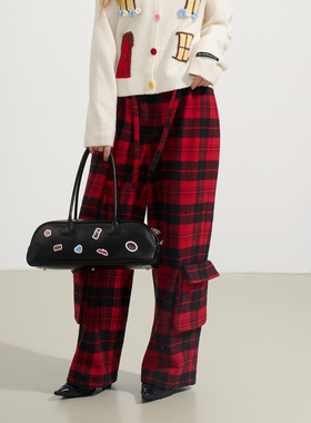 SOFITTE 25AW红色格纹休闲工装口袋直筒阔腿裤宽松百搭男女同款