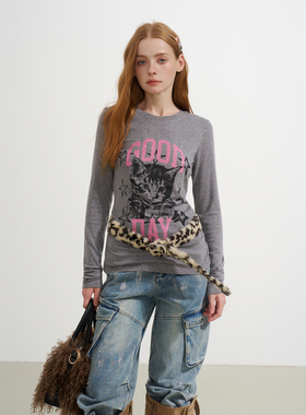 SOFITTE 25AW闪粉猫咪趣味印花长袖打底衫休闲款式修身女款