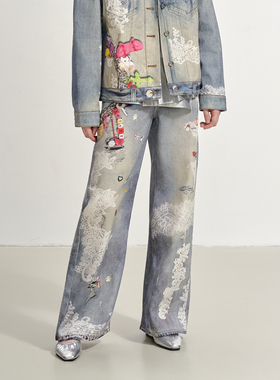 【朱志鑫同款】SOFITTE 25AW蕾丝链条宽松阔腿宽松牛仔裤男女同款