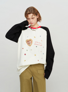 【张小婉 张佳宁同款】SOFITTE 爱心小猫插肩袖印花长袖T恤厚款