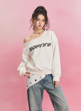 SOFITTE 25SS白色不对称时尚斜肩印花彩钻潮流休闲百搭铆钉卫衣女